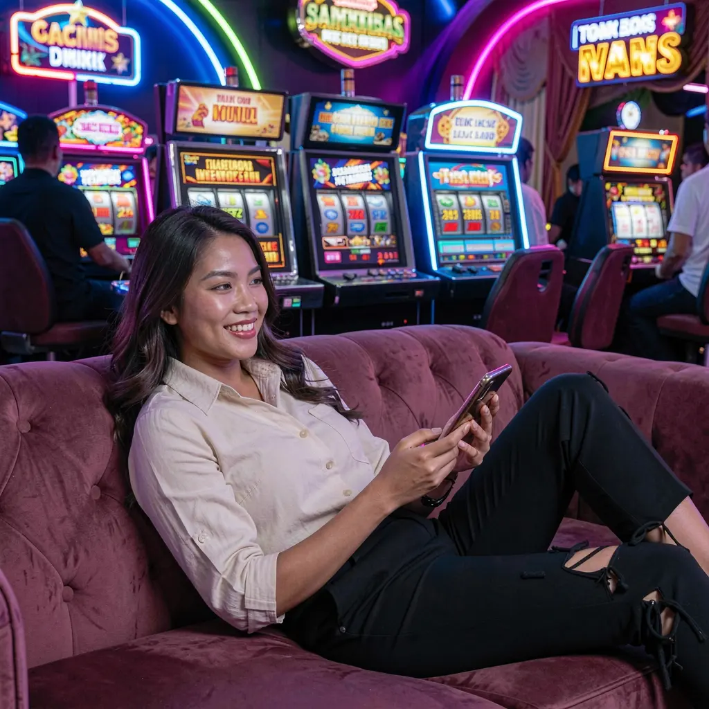 Elegant Malaysian woman using the MIOW44 casino app on her phone while relaxing on a sofa with colorful slot machines glowing behind her