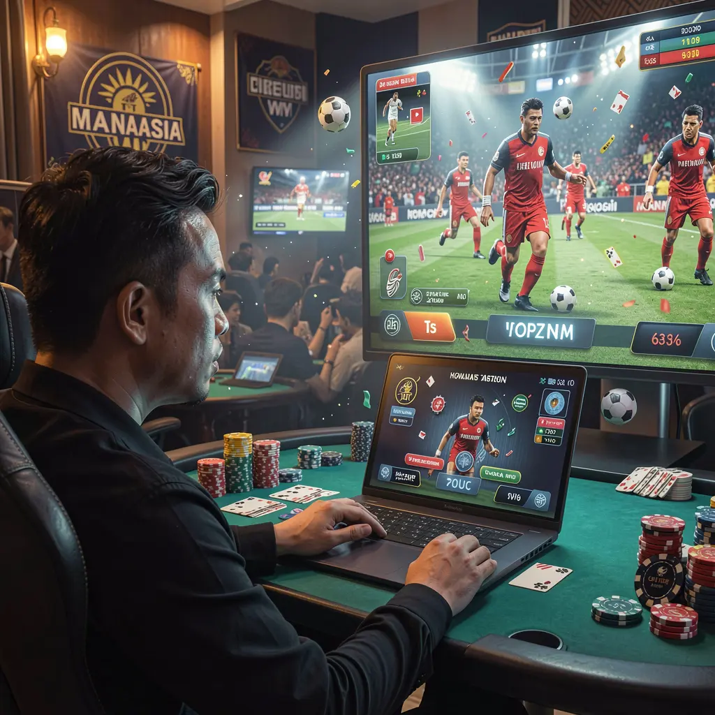 Focused Malaysian bettor placing live sports bets on a laptop while watching a football match on TV using the MIOW44 platform