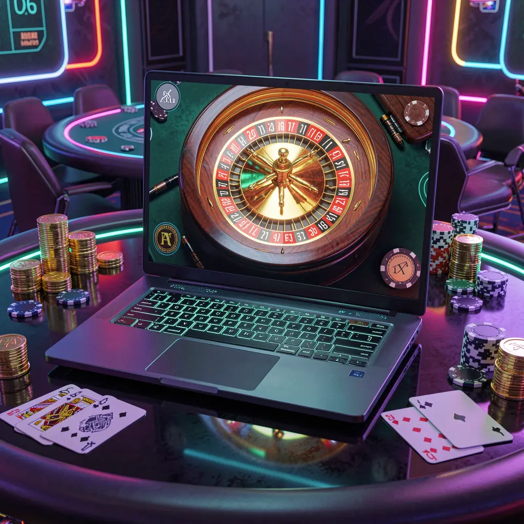 MIOW44 – Experience immersive live roulette excitement online Close-up view of an online roulette wheel on a laptop with vibrant casino chips highlighting the immersive live casino experience at MIOW44