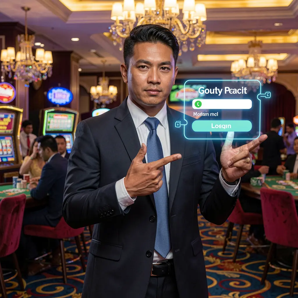 Confident Malaysian casino dealer pointing at a holographic login button inside the vibrant MIOW44 live casino environment